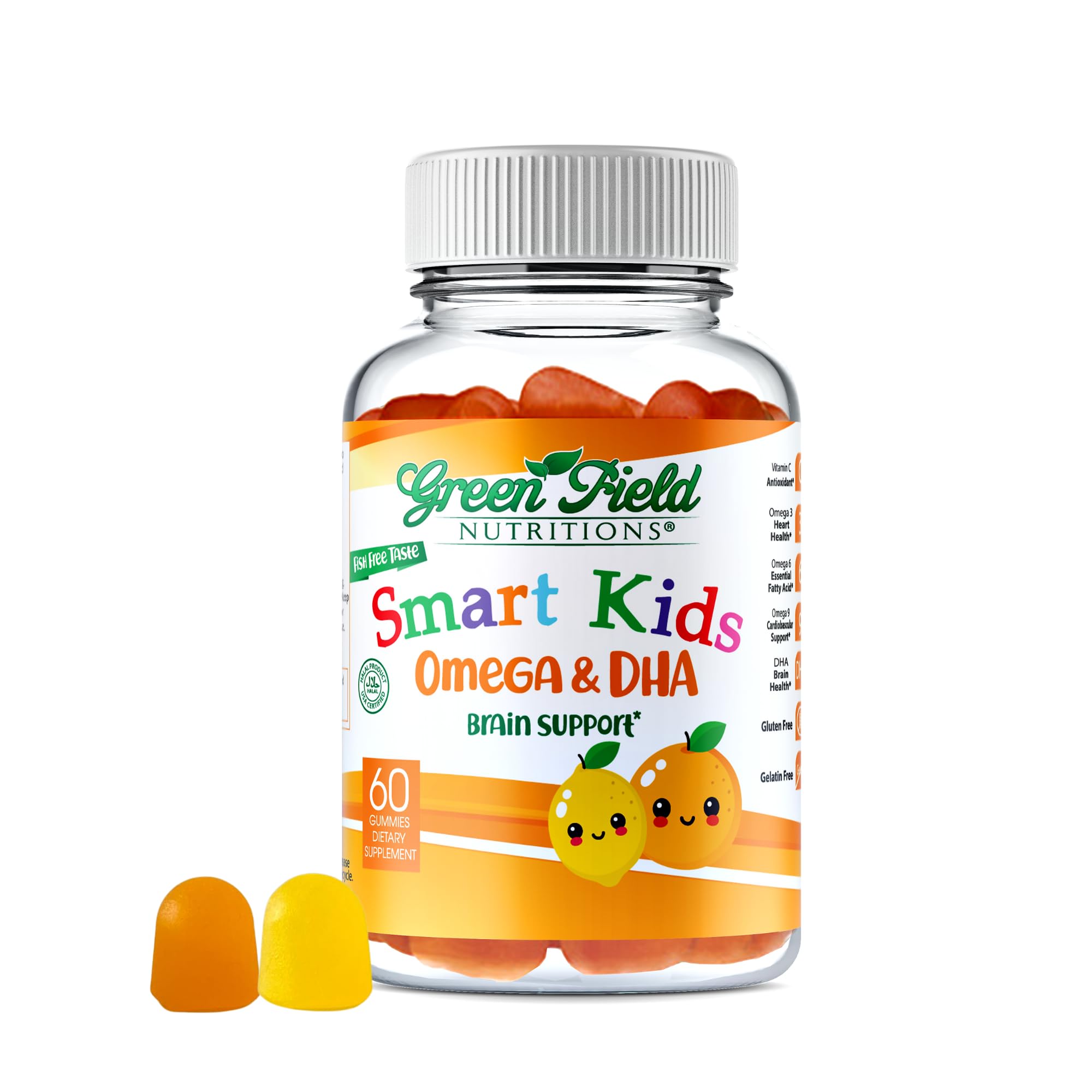 Bottle of Greenfield Nutritions Smart Kids Halal Omega-3 DHA Gummies with DHA