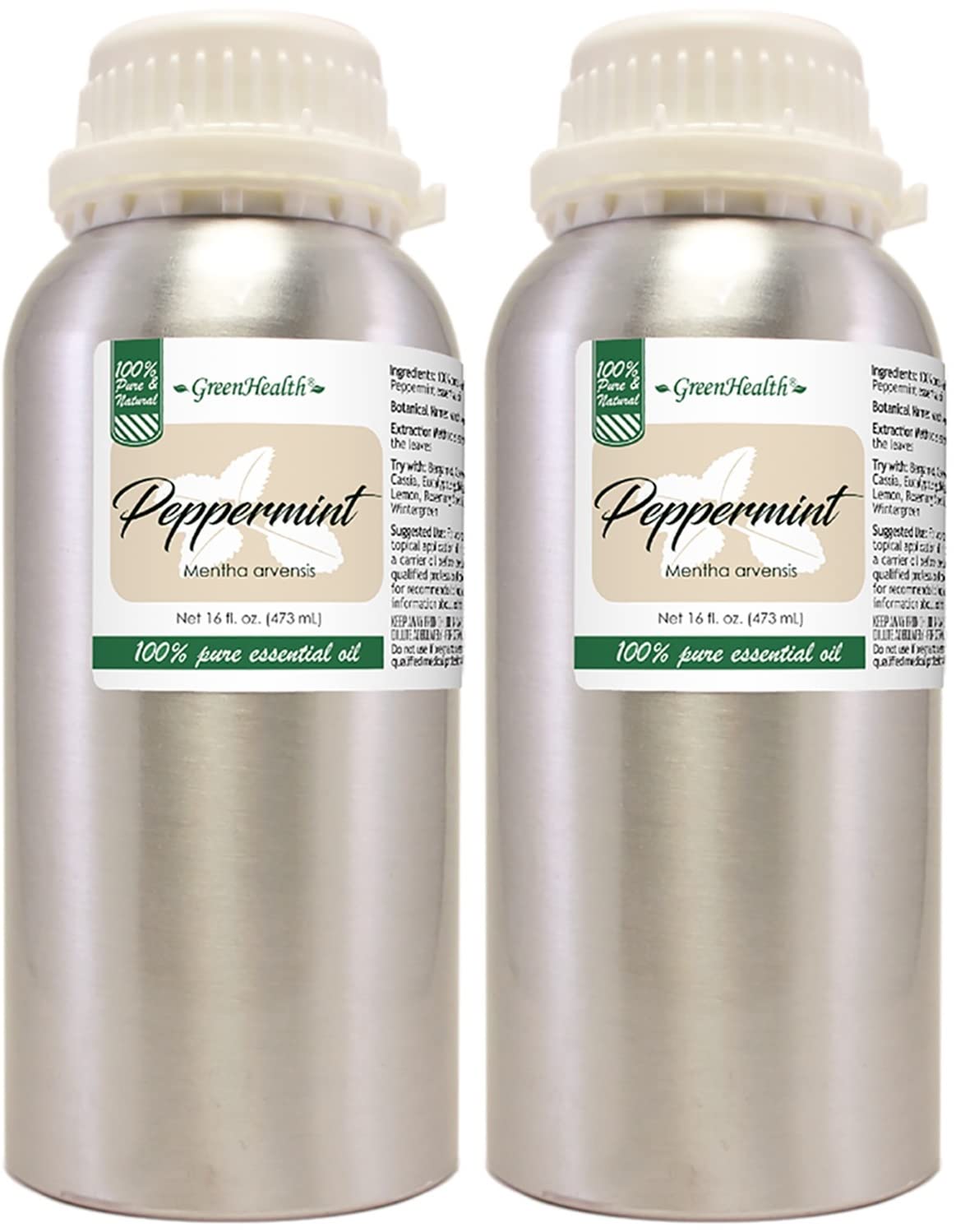 GreenHealth Peppermint Essential Oil 16 oz aluminum bottle – front view