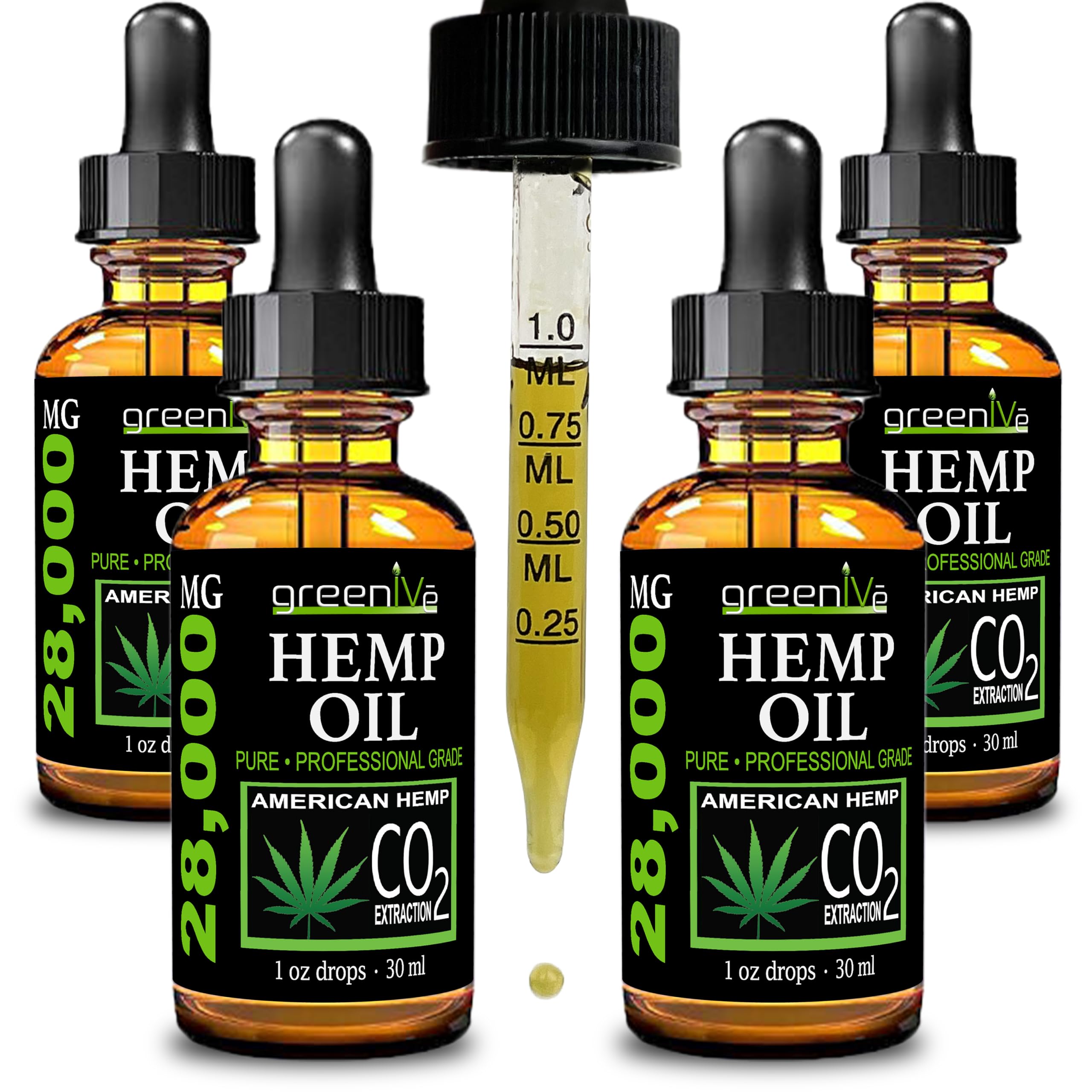 Front view of GreenIVe Hemp Drops 28,000mg bottle