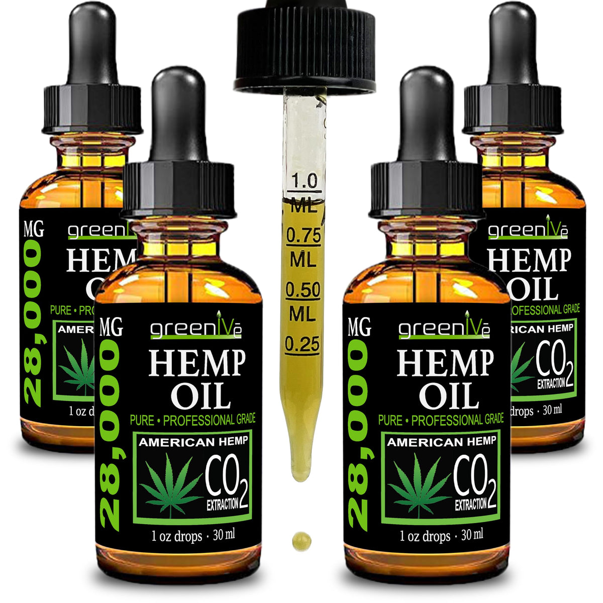 Front view of GreenIVe Hemp Drops 28,000mg bottle