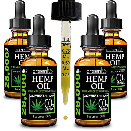 Front view of GreenIVe Hemp Drops 28,000mg bottle