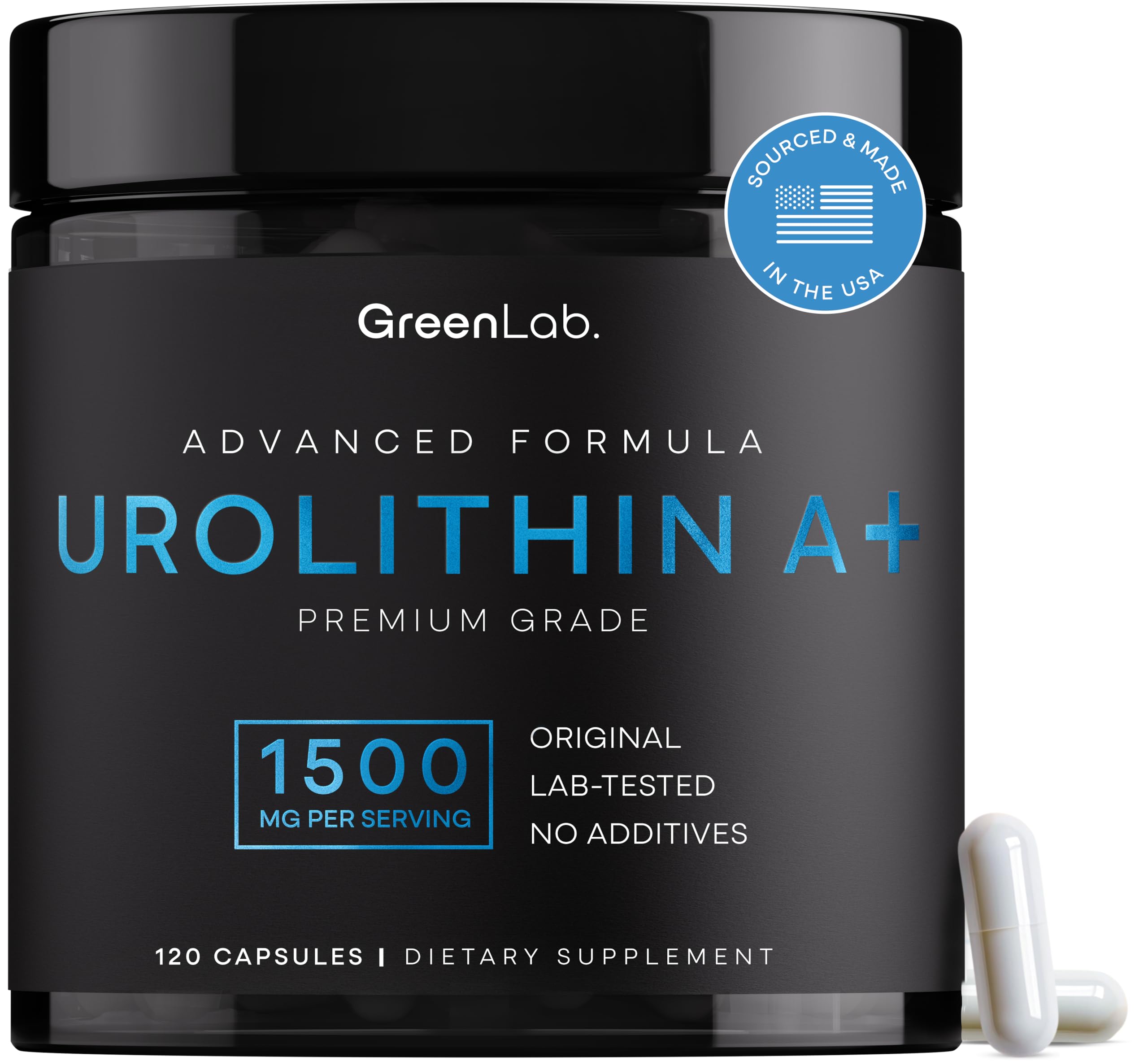 Bottle of GreenLab Urolithin A+ 1500 mg capsules with label visible
