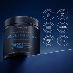 Nutrition facts and vegan label on GreenLab Urolithin A+ bottle