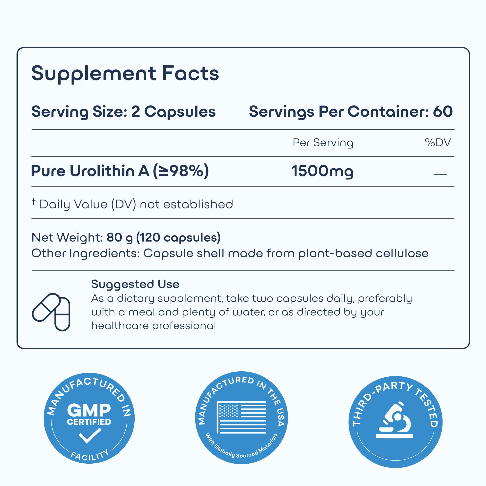 GMP-certified, lab-tested seal on GreenLab Urolithin A+ packaging