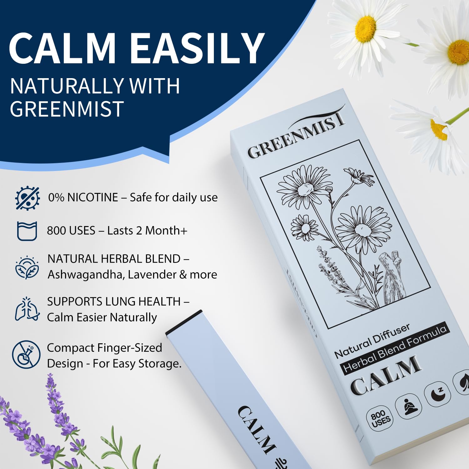 GreenMist diffuser showing 800-uses longevity for long-term calm