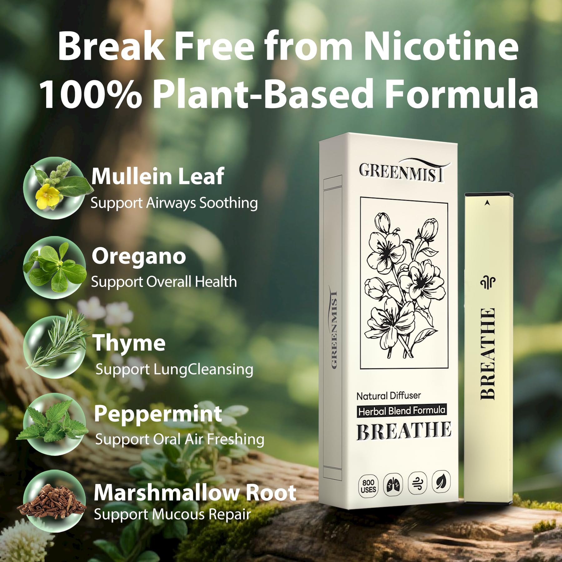 Herbal blend ingredients for GREENMIST including Mullein and Marshmallow Root