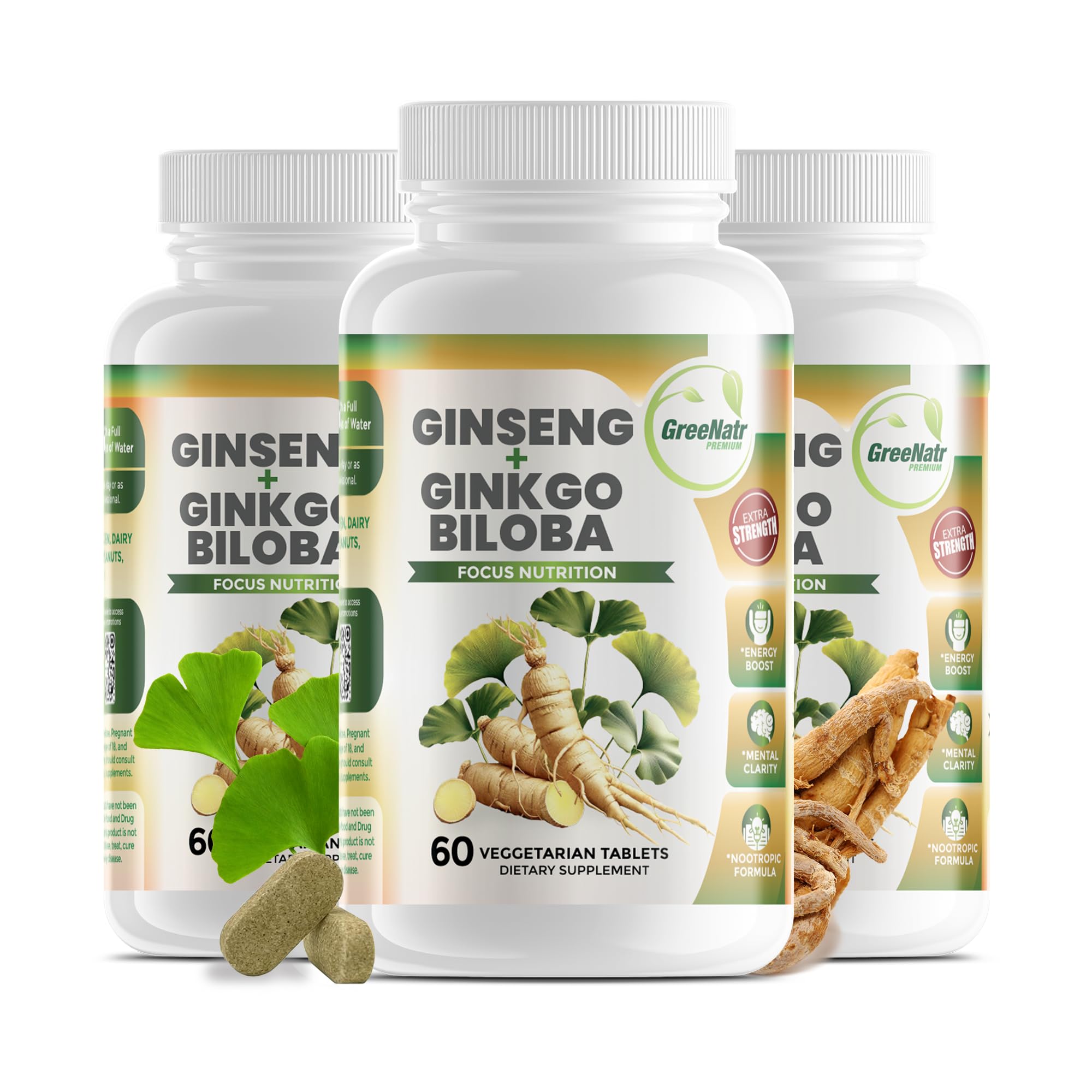 GreeNatr Ginko Biloba Panax Ginseng bottle front supports daily brain wellness.