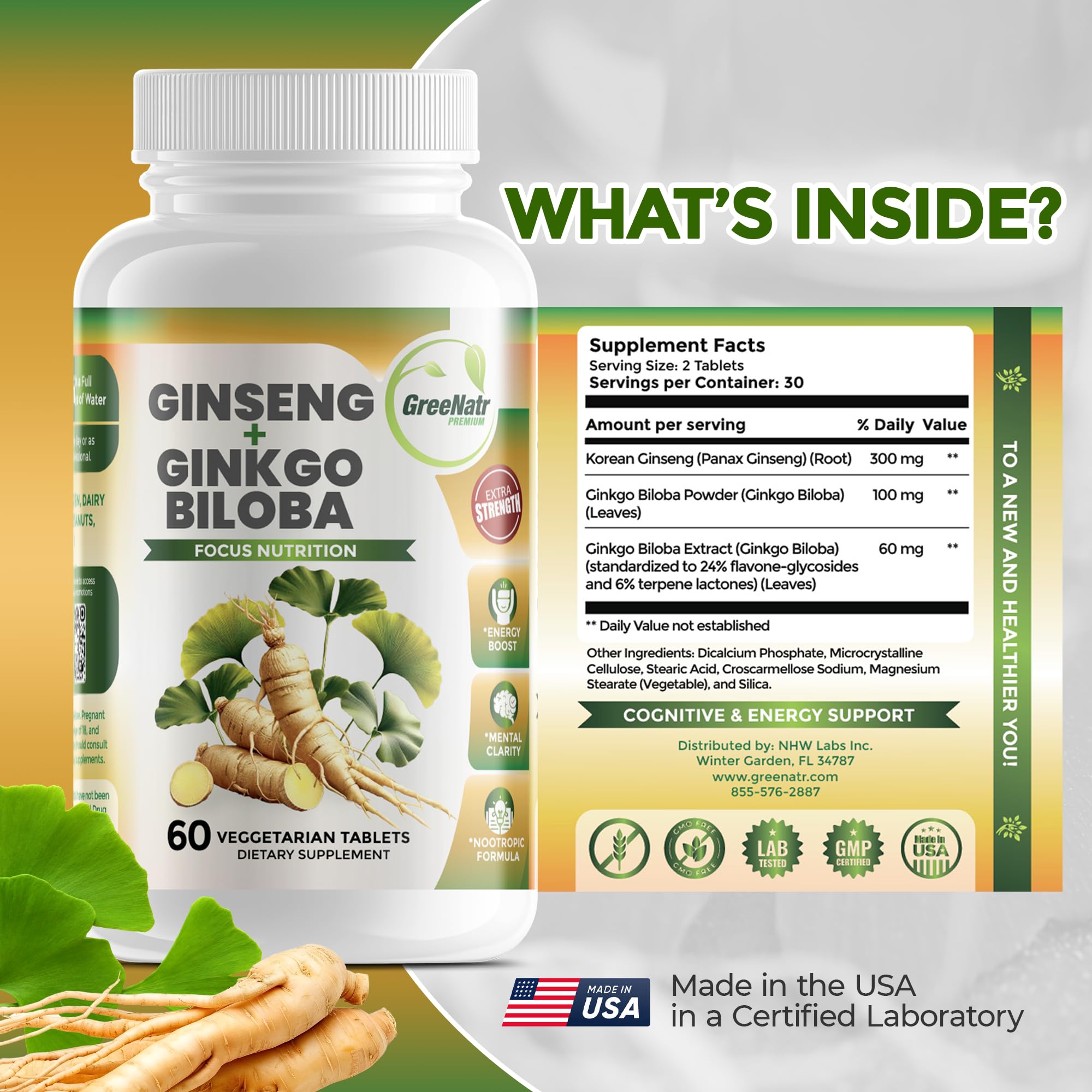 GreeNatr Ginko Biloba Panax Ginseng packaging box emphasizes sustainability.