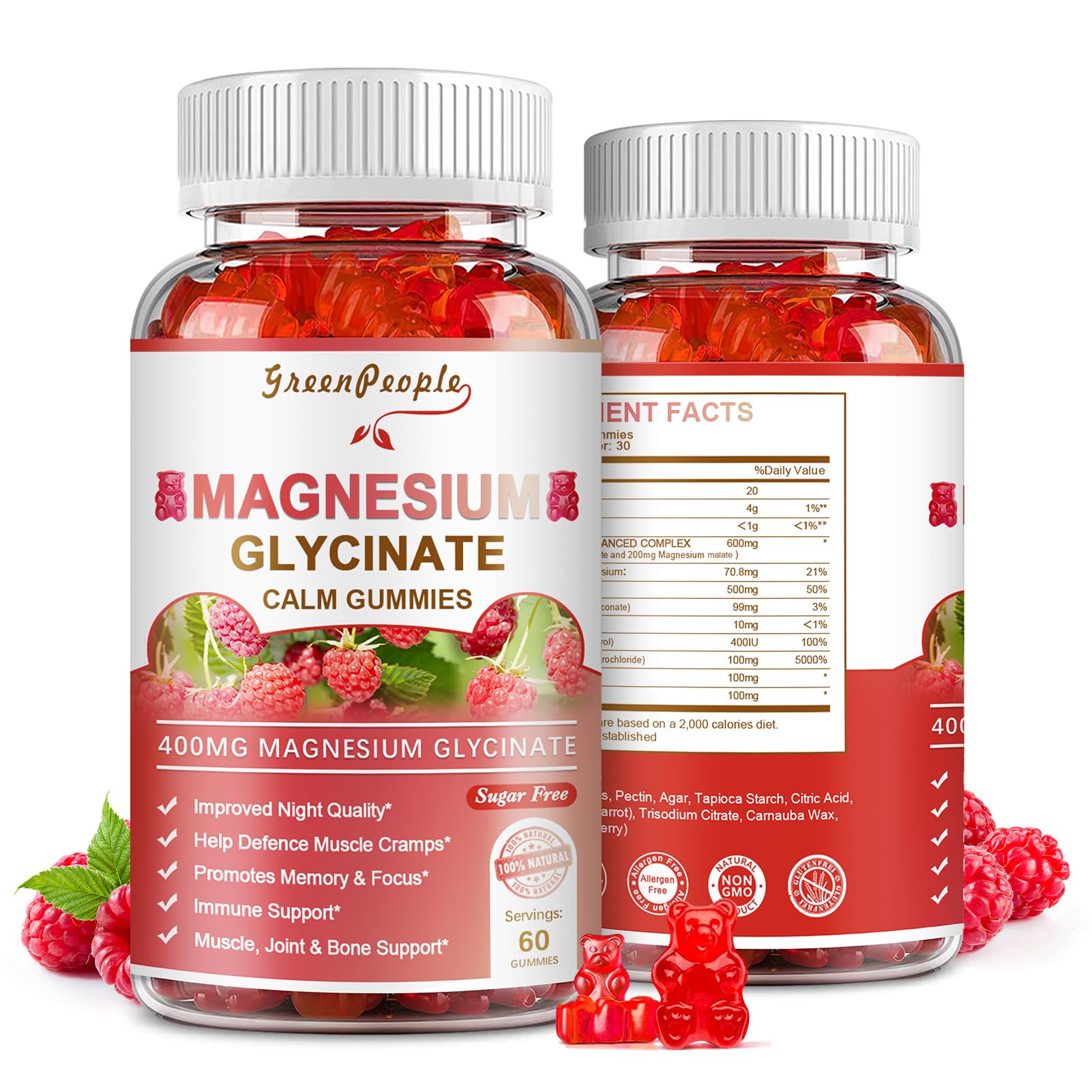 Bottle of GREENPEOPLE Magnesium Glycinate Gummies Raspberry flavor