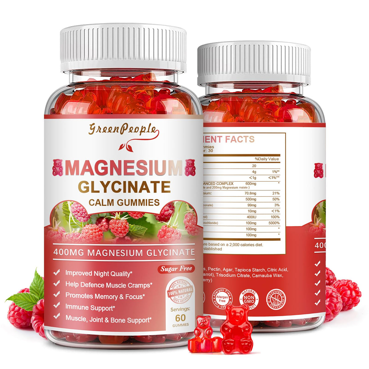 Bottle of GREENPEOPLE Magnesium Glycinate Gummies Raspberry flavor