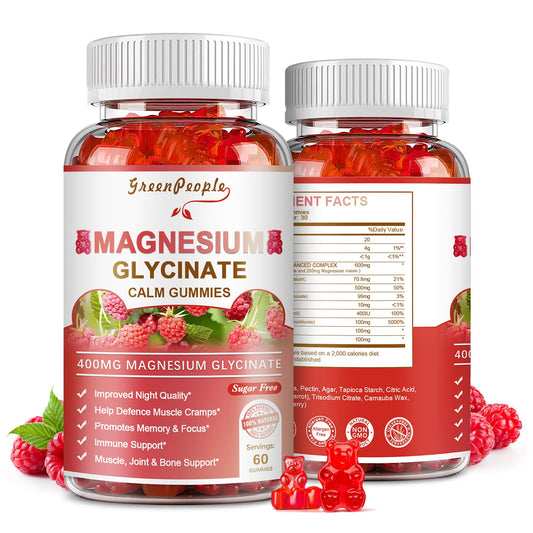 Bottle of GREENPEOPLE Magnesium Glycinate Gummies Raspberry flavor
