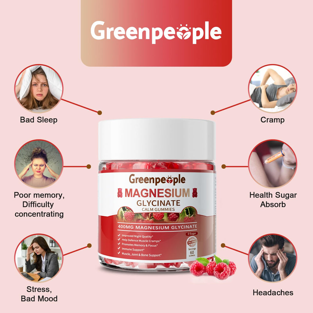 GreenPeople Magnesium Glycinate Gummies label shows D3 and B6 for added nutrients.