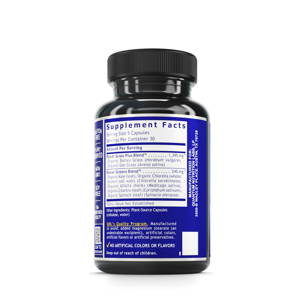 Greens blend ingredients including kale, alfalfa, barley grass, oat grass, spinach and chlorella