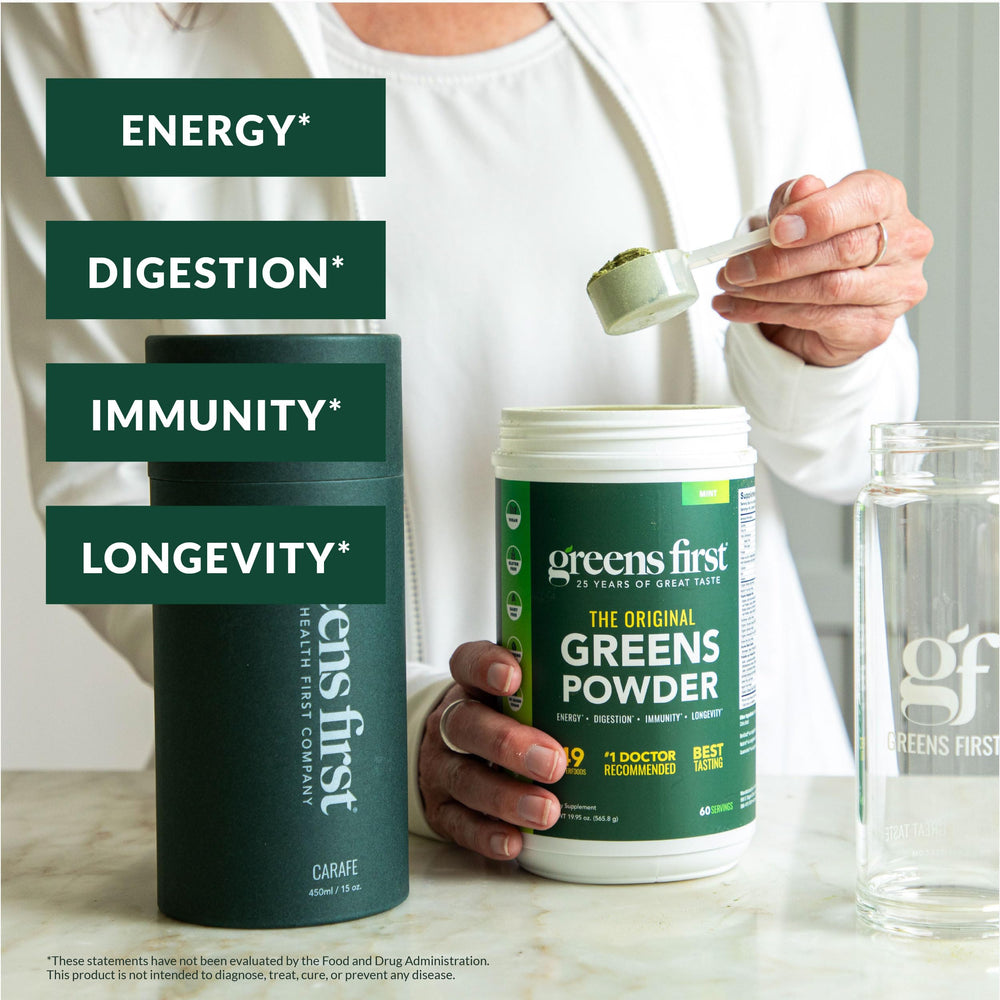 Greens First 450ml travel carafe ready for workouts and travel hydration.