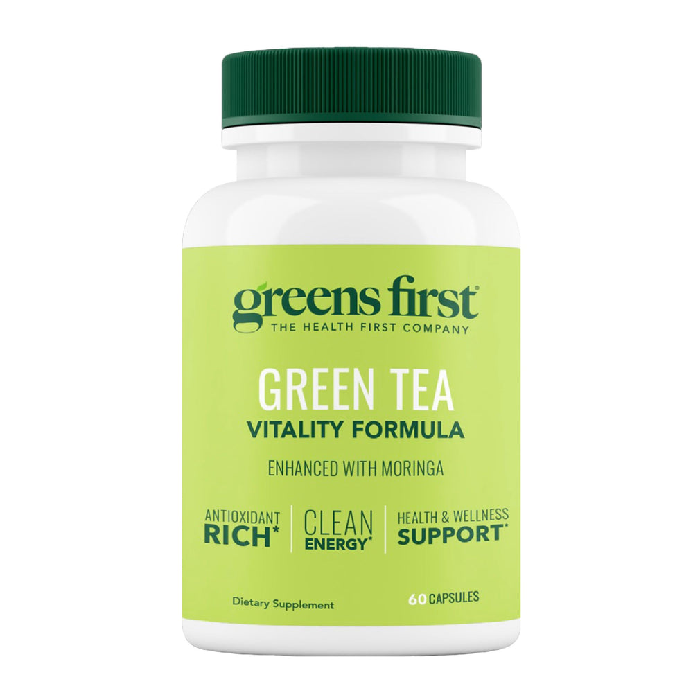Greens First Green Tea Vitality Formula bottle with capsules