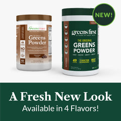 Greens First ingredients label highlights organic fruits and vegetables.