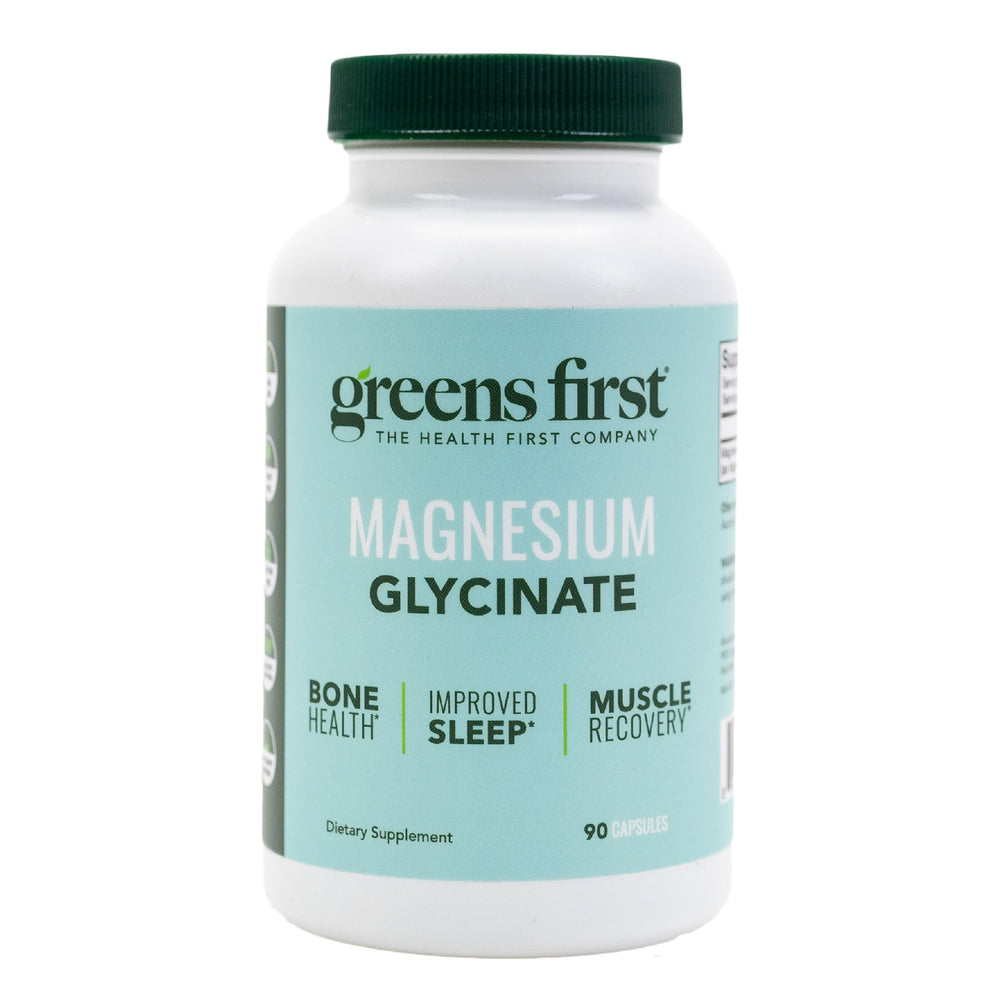 Greens First Magnesium Glycinate bottle with 90 vegetable capsules - front view