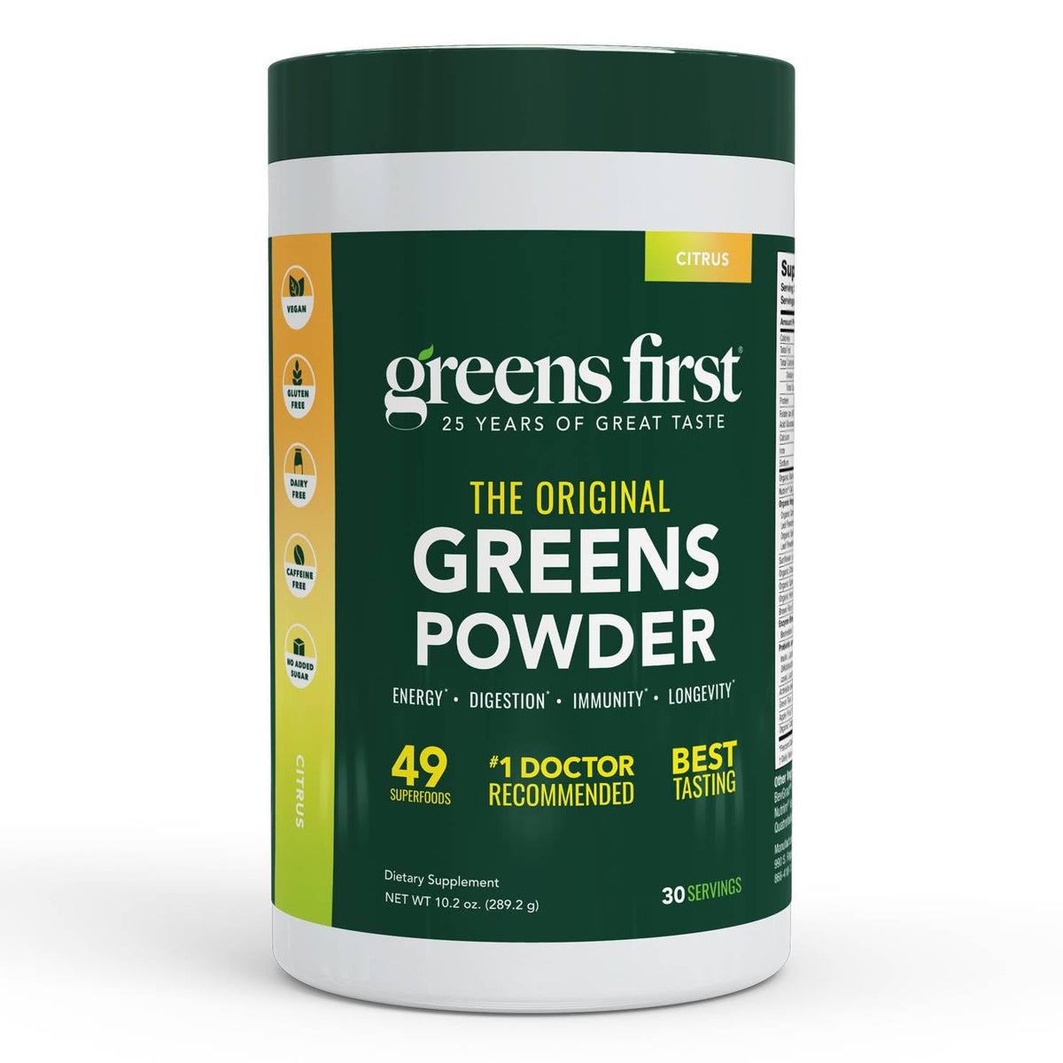 Front view of Greens First Original Greens Powder Citrus container, 30 servings