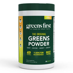 Front view of Greens First Original Greens Powder Citrus container, 30 servings