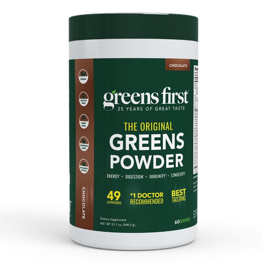 Greens First Original Greens Powder Chocolate jar with label, 60 servings