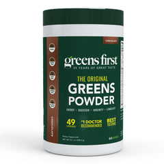 Greens First Original Greens Powder tin showing vegan daily nutrition.
