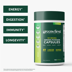 Greens First Phytonutrient capsules label close-up showing ingredients