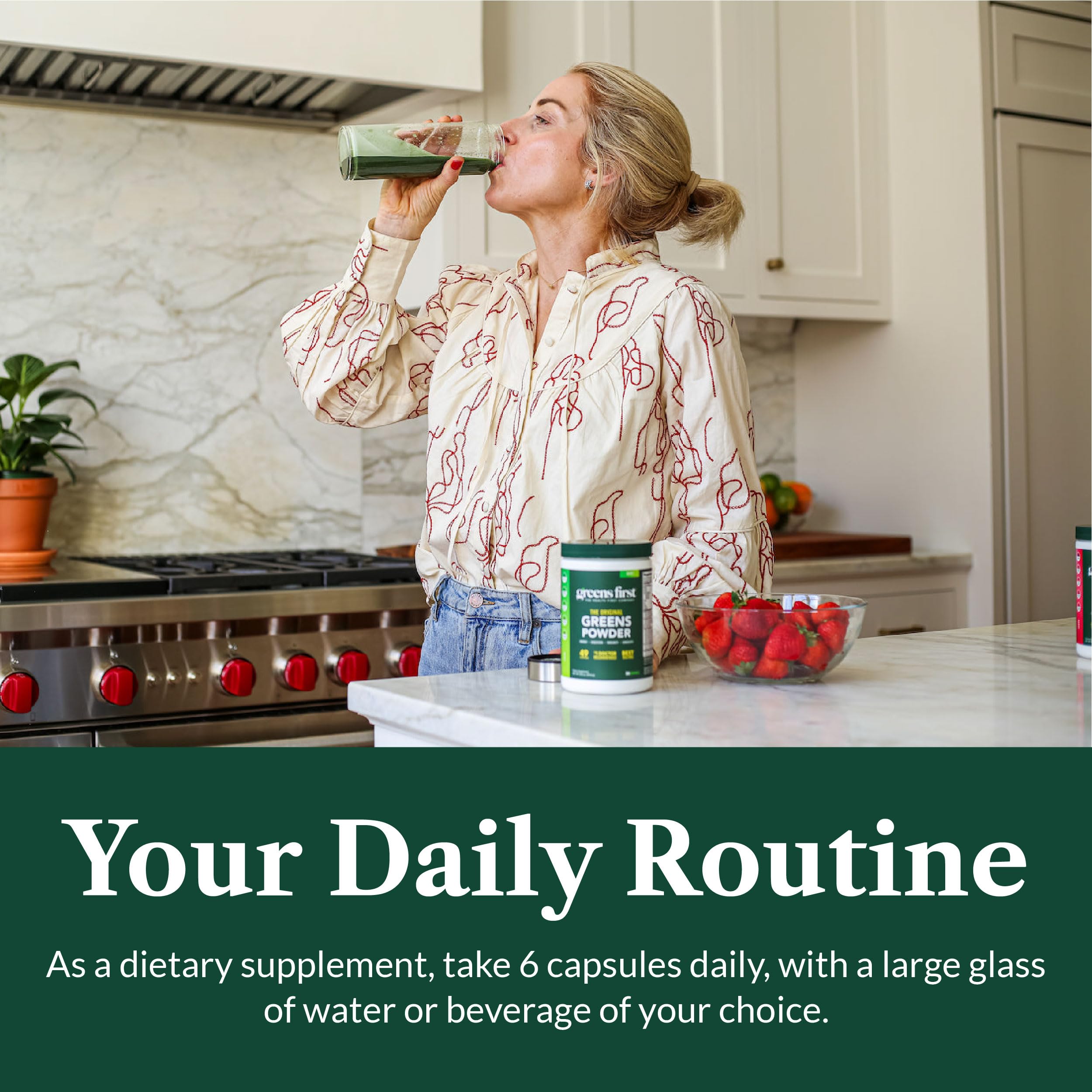 Greens First Phytonutrient capsules ingredients close-up highlighting 54 superfoods