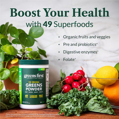 Greens First prebiotics-probiotics-label showcases gut-friendly blend.