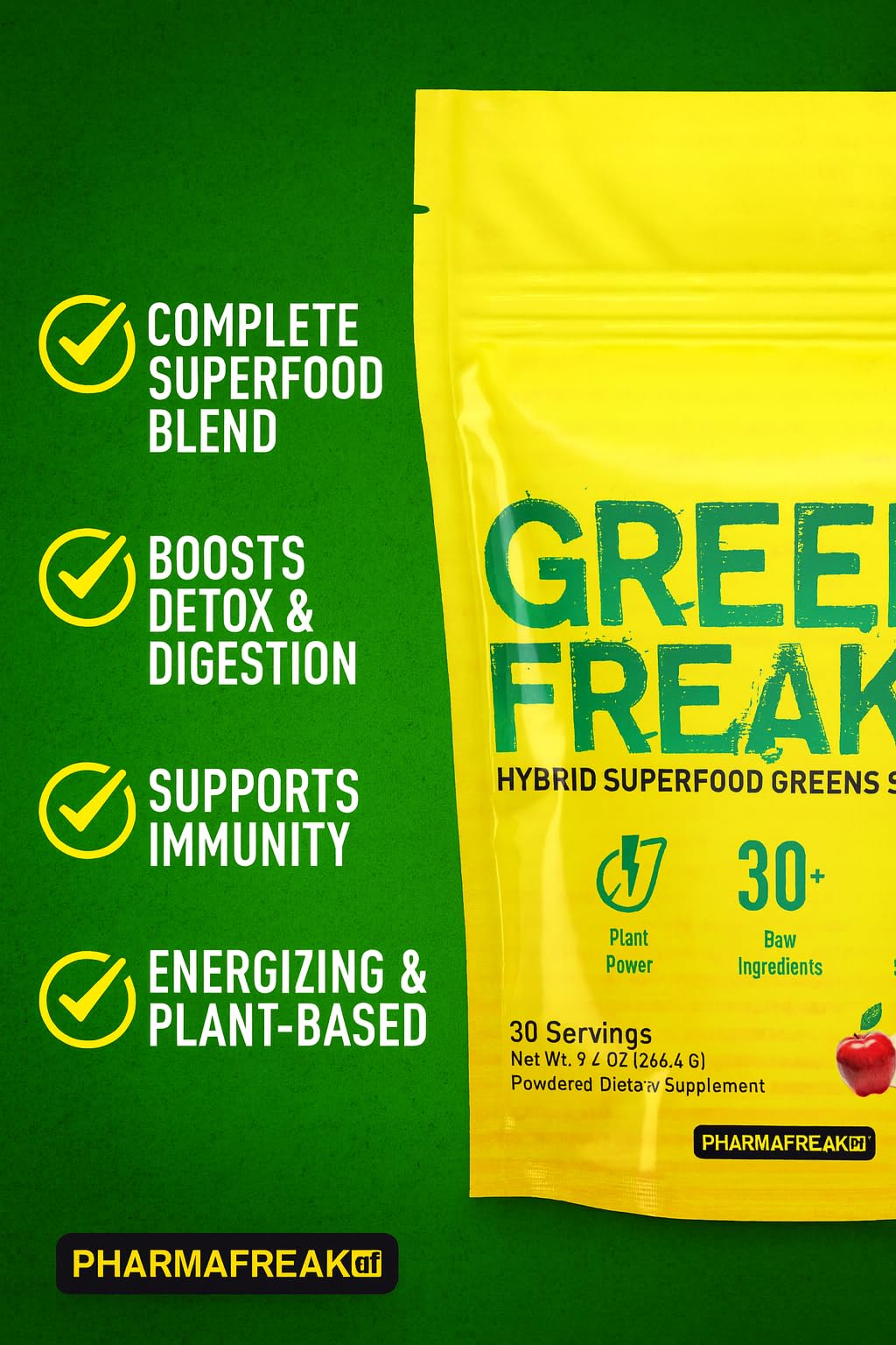 Greens Freak powder showing 30+ nutrient-dense greens