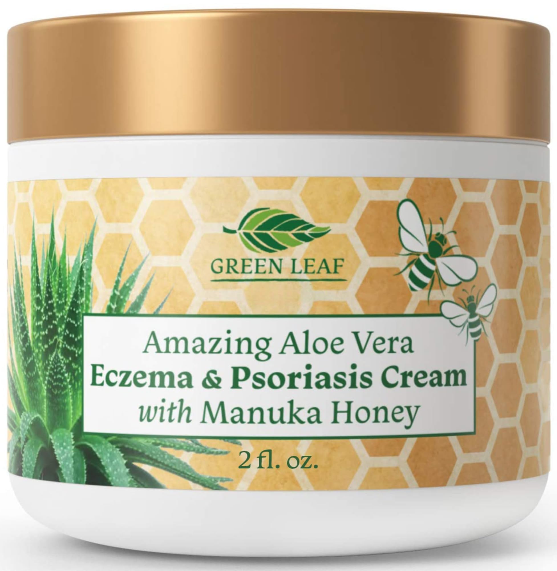 Green Leaf Naturals Manuka Honey Eczema Cream bottle close-up showing soothing hydration