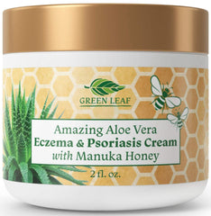 Green Leaf Naturals Manuka Honey Eczema Cream bottle close-up showing soothing hydration