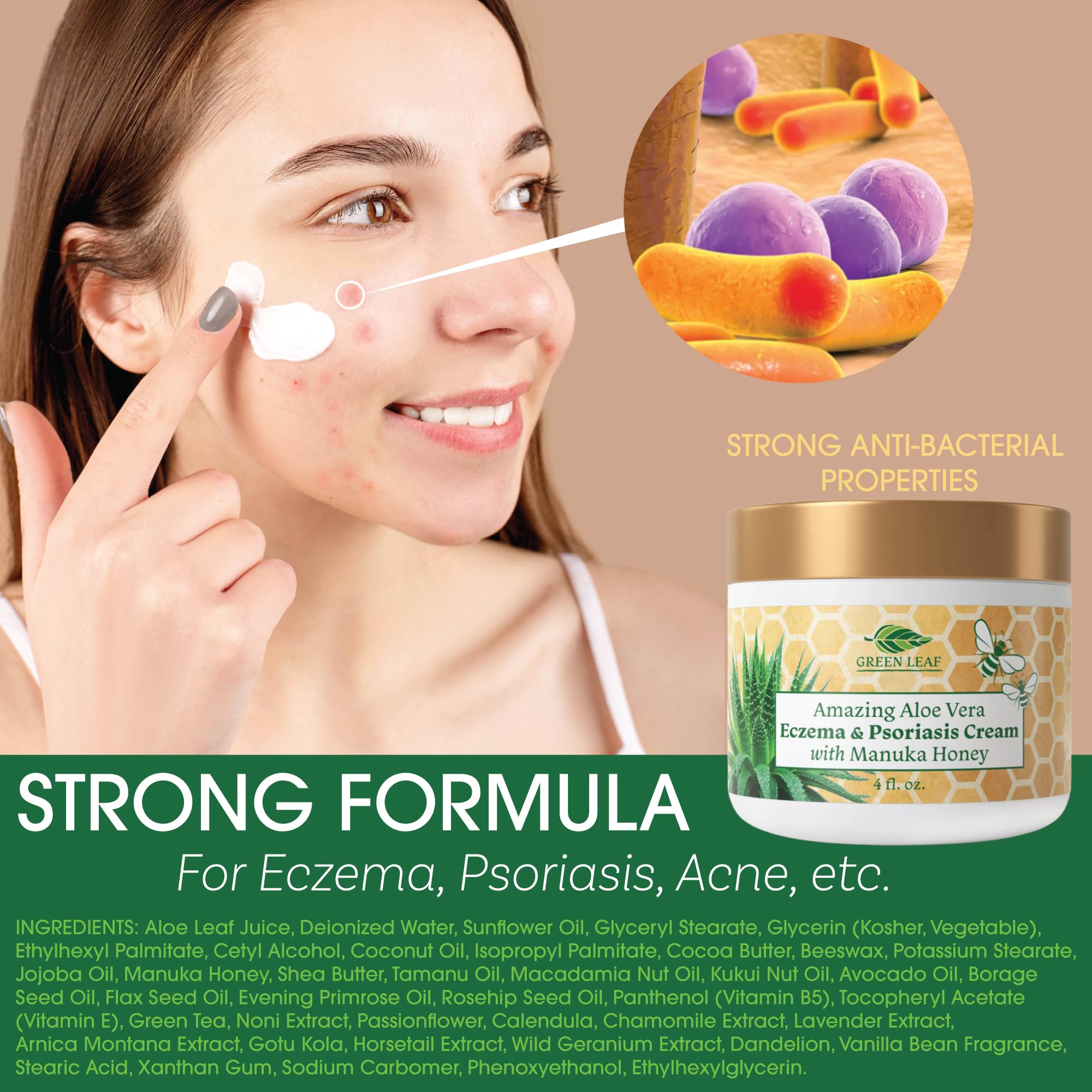 Green Leaf Naturals Manuka Honey Eczema Cream jar close-up highlighting creamy texture for nourishment
