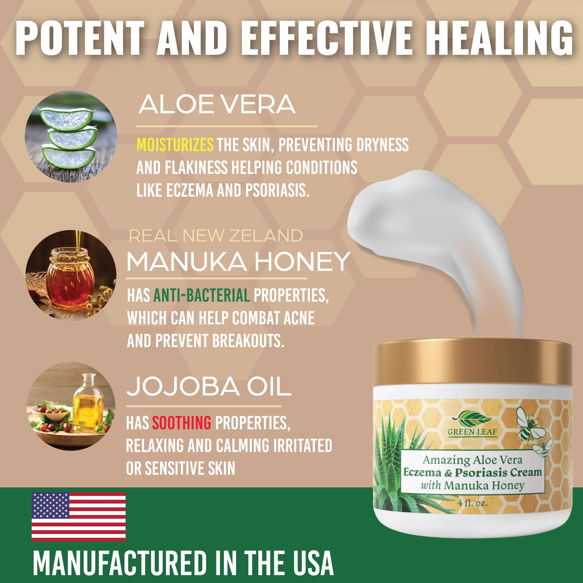Green Leaf Naturals Manuka Honey Eczema Cream tube dispensing shows easy, quick moisturization