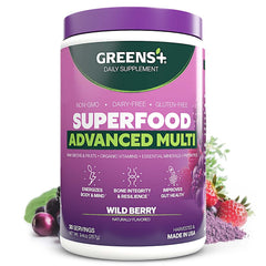 Greens+ Advanced Multi Wild Berry powder container with scoop