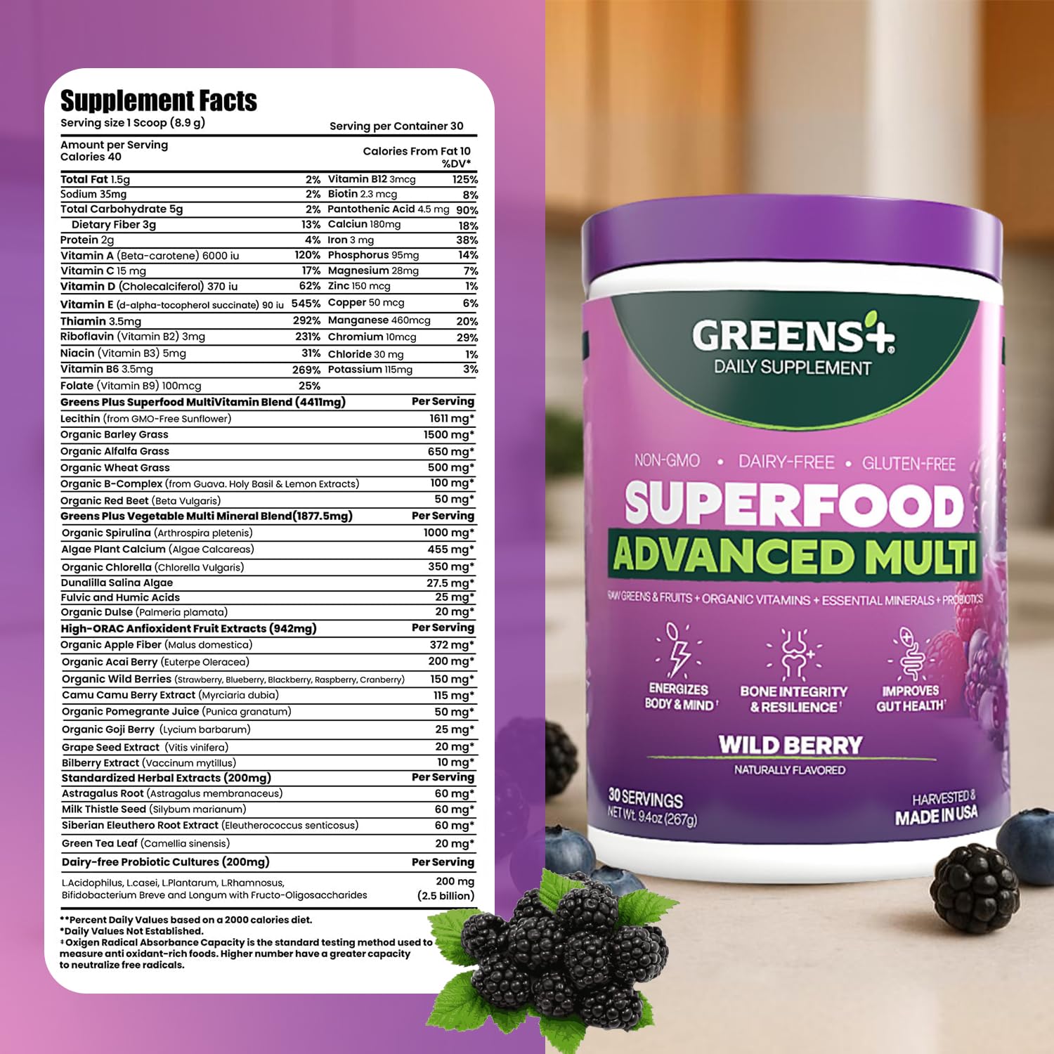 Active lifestyle scene with Greens+ Advanced Multi Wild Berry powder