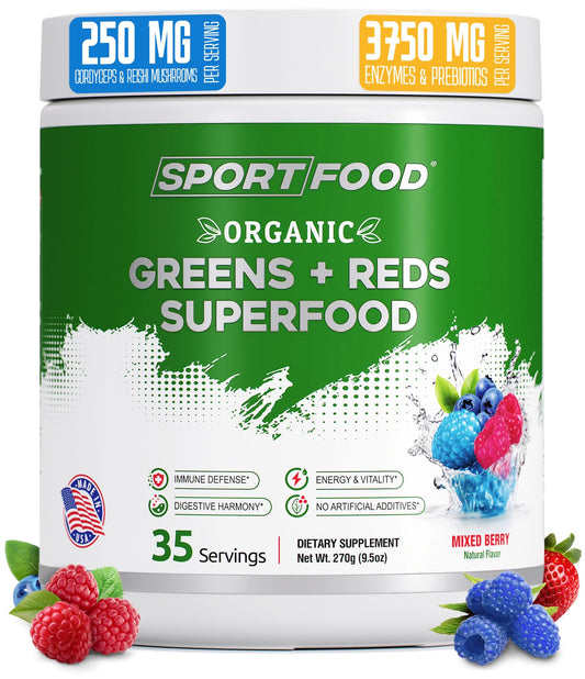 Sport Food Greens & Reds powder with mixed berry flavor front view