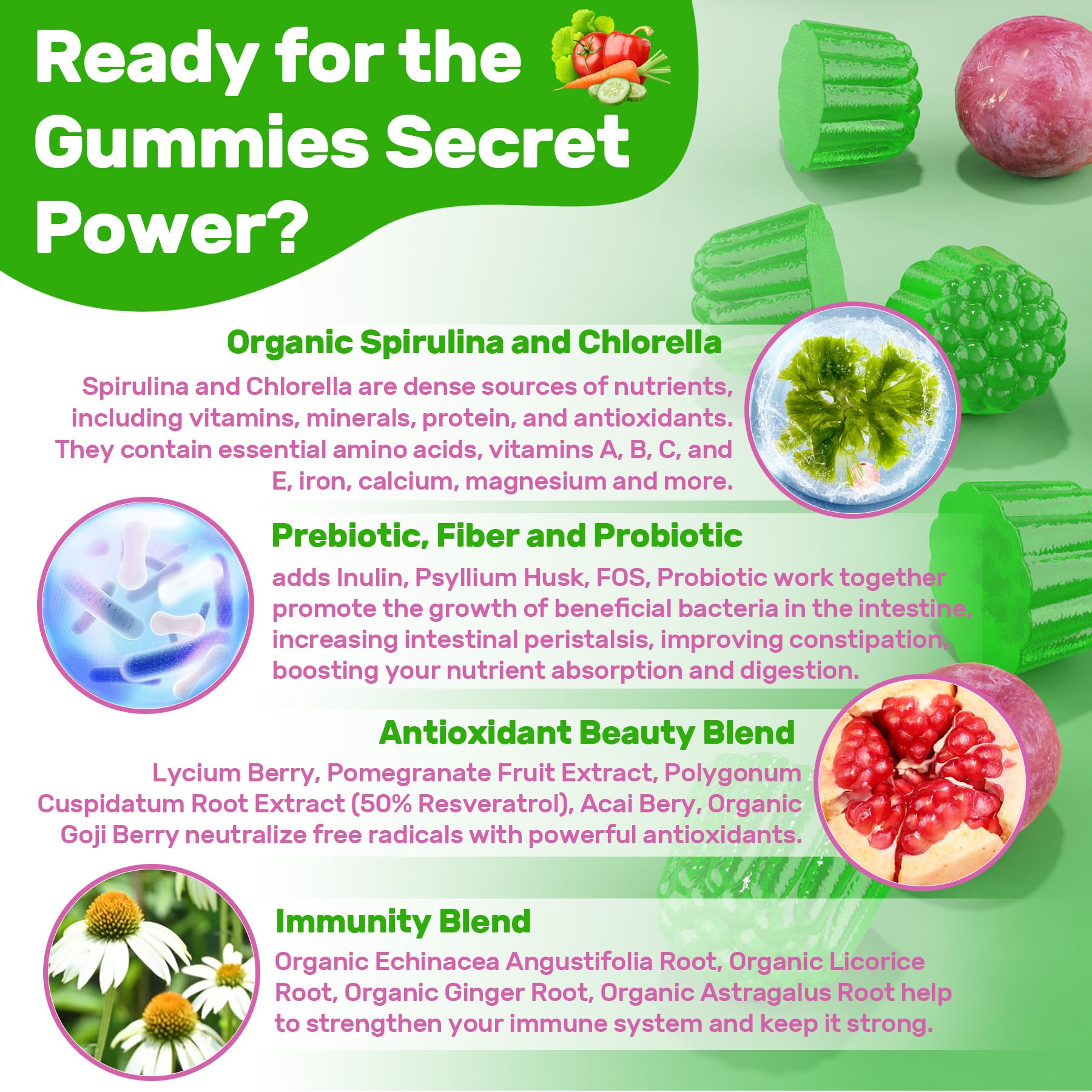 Ingredients panel showing greens, vitamins, and antioxidants