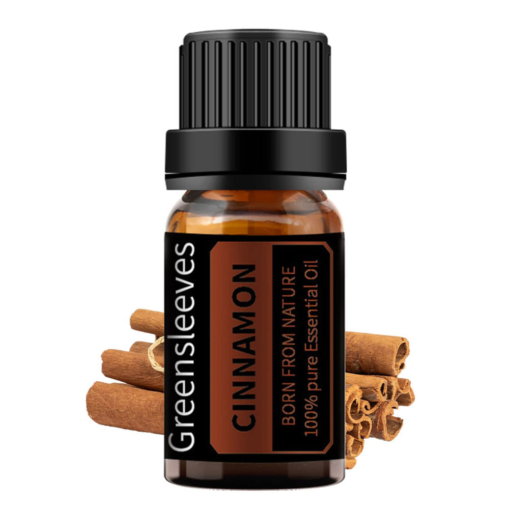 GREENSLEEVES Cinnamon essential oil bottle for calming aromatherapy sessions.