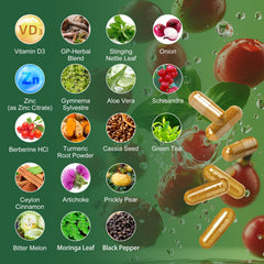 Ingredient panel showing Berberine HCl, Cinnamon, Bitter Melon and Green Tea