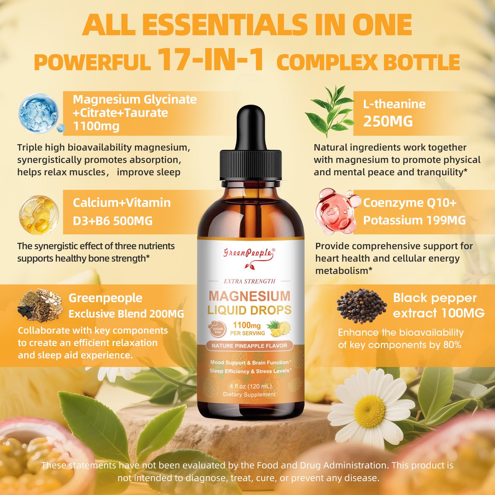 Pineapple flavor label graphic for GreenPeople magnesium drops