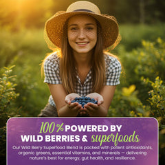 Greens+ Advanced Multi Wild Berry bottle beside fresh berries illustrating antioxidant-rich ingredients