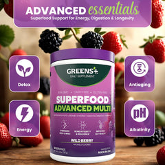 Greens+ glass with prepared drink showing gluten-free formulation for broader compatibility