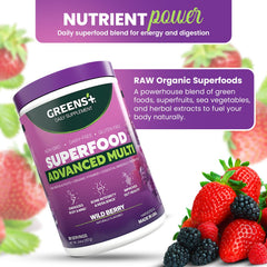 Greens+ Advanced Multi Wild Berry label closeup highlighting organic blend and non-GMO promise