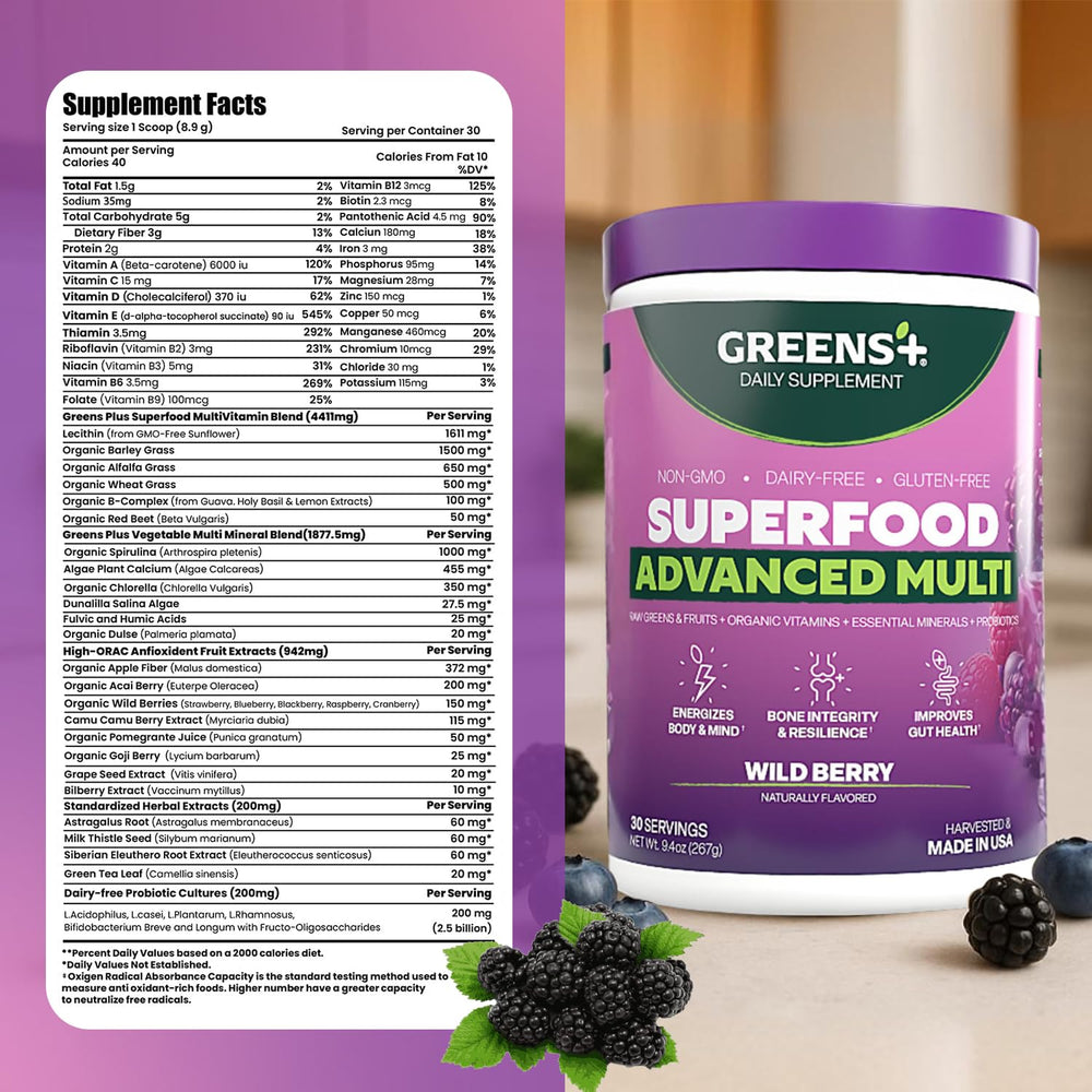 Greens+ Advanced Multi Wild Berry nutrition facts panel emphasizing vitamins and minerals