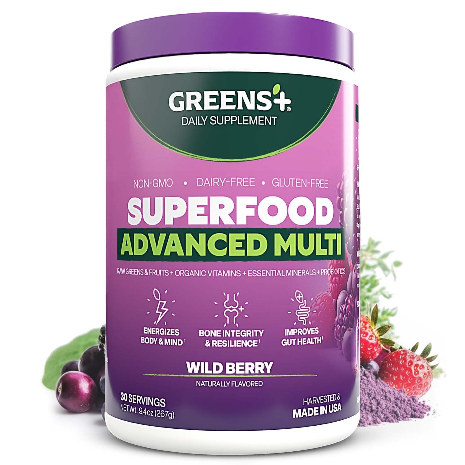 Greens+ Advanced Multi Wild Berry powder tub with vibrant label for daily nutrient support