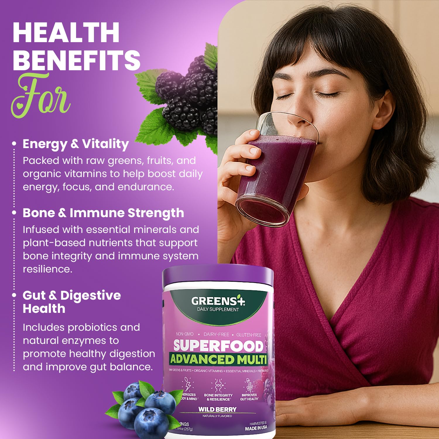 Greens+ Advanced Multi Wild Berry shake closeup highlighting smooth texture for easy mixing and everyday nutrition