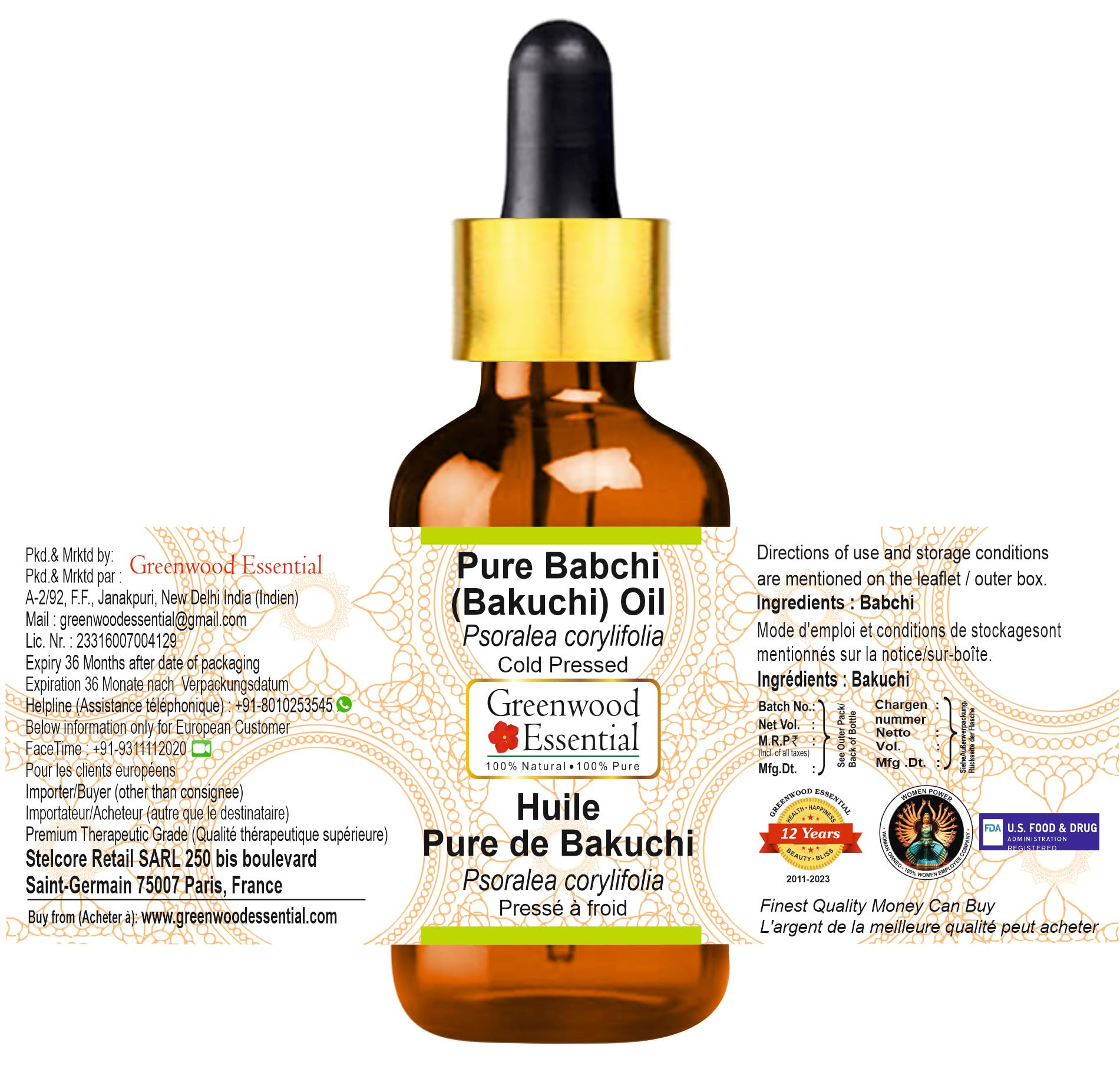 Greenwood Essential Babchi oil label closeup highlights quality and botanical name.
