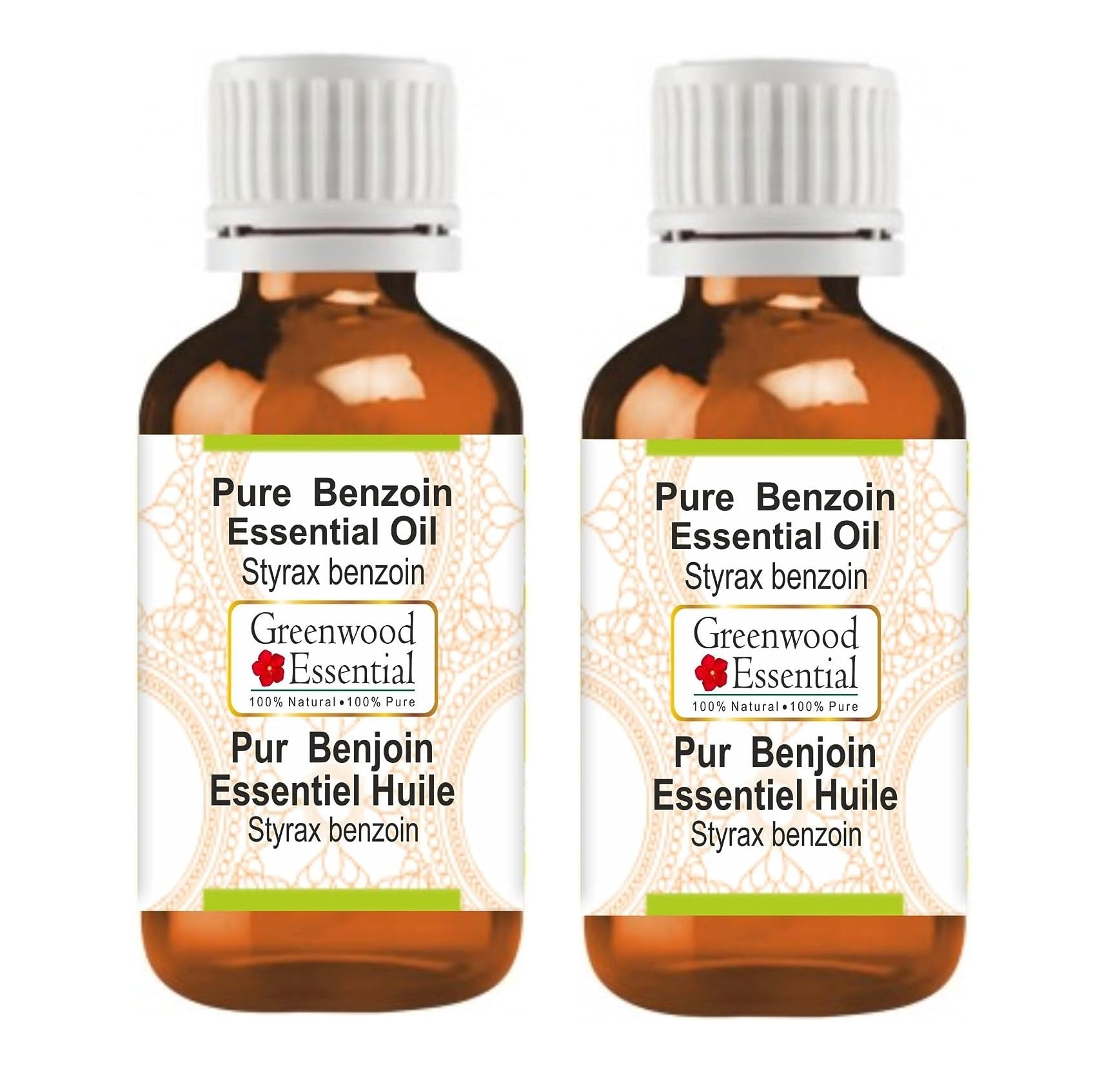 Greenwood Essential Benzoin Oil bottle front—pure aromatic extract for diffusion and skincare.