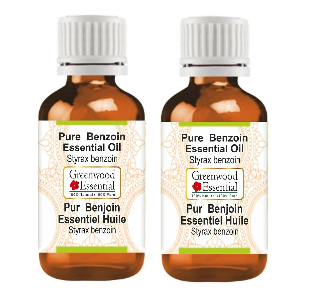 Greenwood Essential Benzoin Oil bottle front—pure aromatic extract for diffusion and skincare.