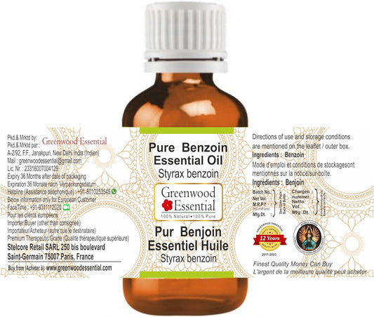 Greenwood Essential Benzoin Oil bottle label—steam-distilled purity for all skin types.